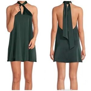 GIANNI BINI Green Satin Halter Mini Dress Backless Mod 60s Minimalist‎ Large New
